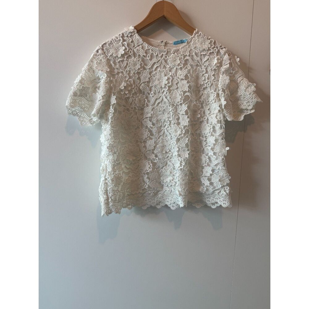 J. McLaughlin White Floral Lace Embroidered Blouse Top Size M Scalloped